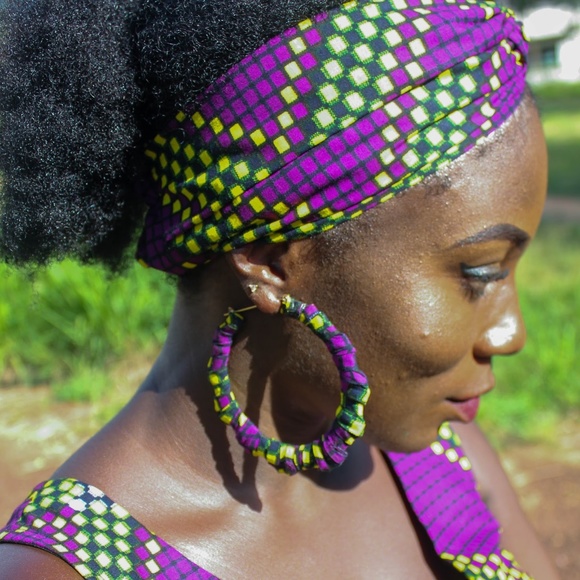 ExploreAfrica.com Jewelry - Purple African Ankara X-Large Round Hoop Earrings